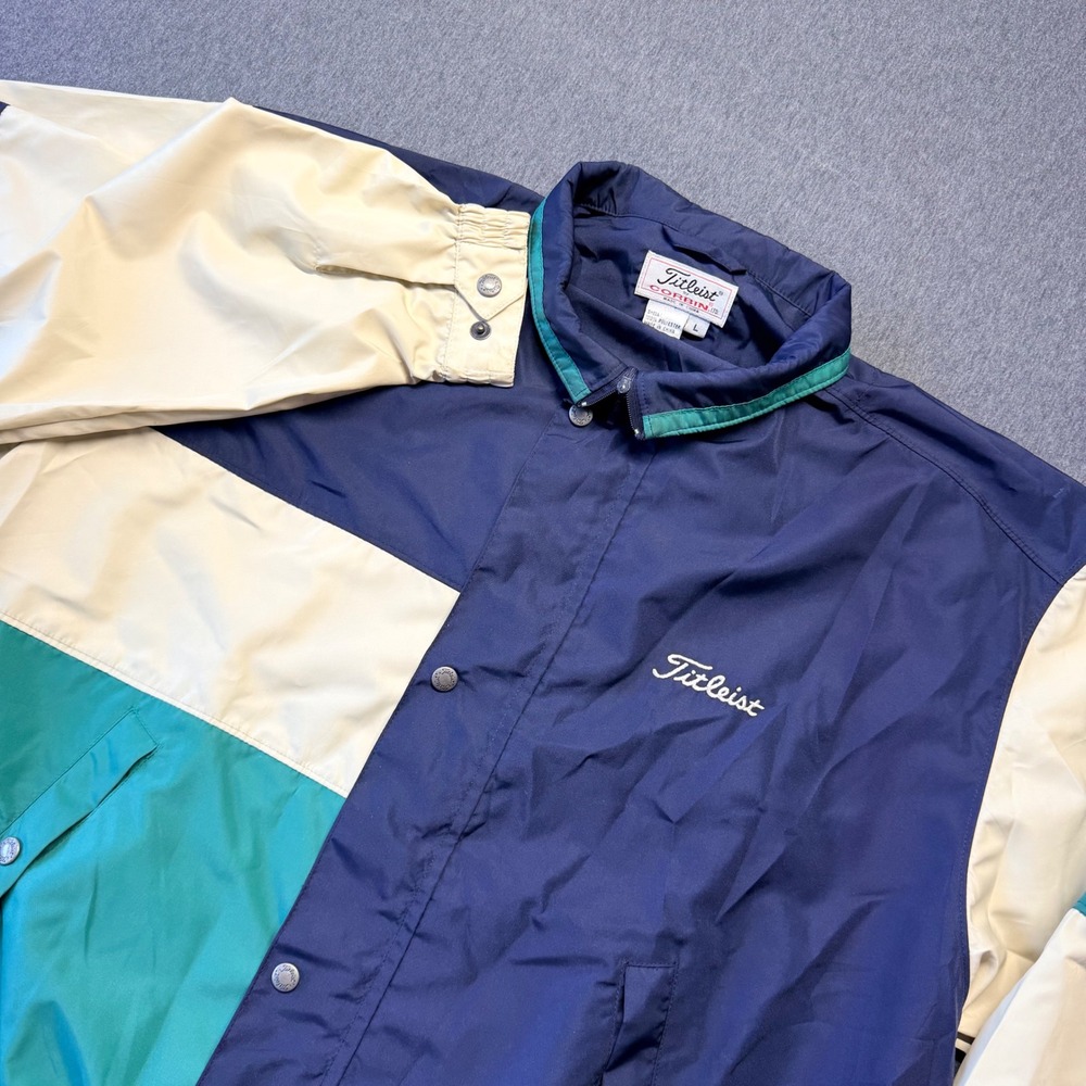 Vintage Titleist by Corbin Mens Colorblock Windbreaker Jacket Navy Teal Cream L